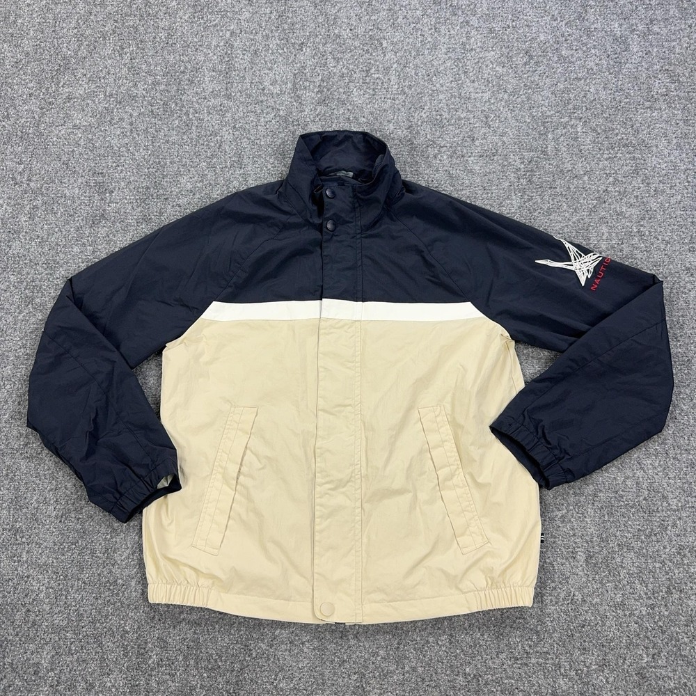 Nautica Jacket Mens Medium Blue Beige Colorblock Full Zip Windbreaker Sail Logo